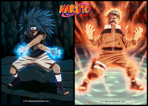 Anime picture 1781x1282 with naruto studio pierrot naruto (series) uzumaki naruto uchiha sasuke belucen long hair highres short hair open mouth black hair blonde hair red eyes inscription coloring magic facial mark multiview whisker markings angry