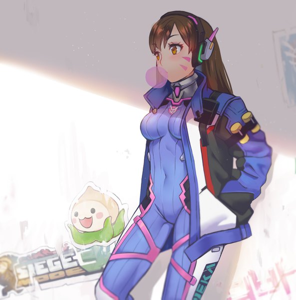 Anime picture 1272x1287 with overwatch blizzard entertainment d.va (overwatch) pachimari lino chang single long hair tall image blush fringe brown hair brown eyes looking away open jacket shadow covered navel facial mark whisker markings hands in pockets graffiti