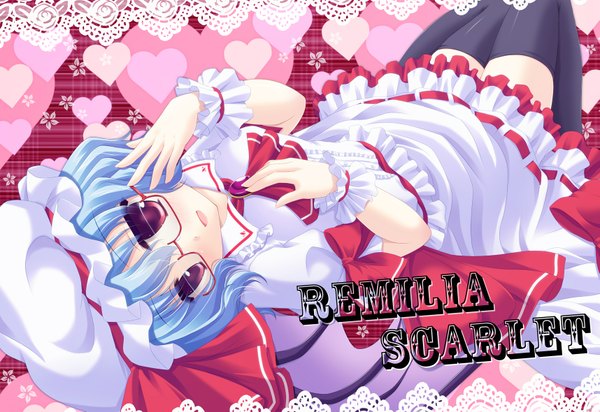 Anime picture 1715x1179 with touhou remilia scarlet shimotsuki keisuke blush highres short hair open mouth red eyes blue hair lying girl thighhighs dress black thighhighs glasses frills heart bonnet brooch