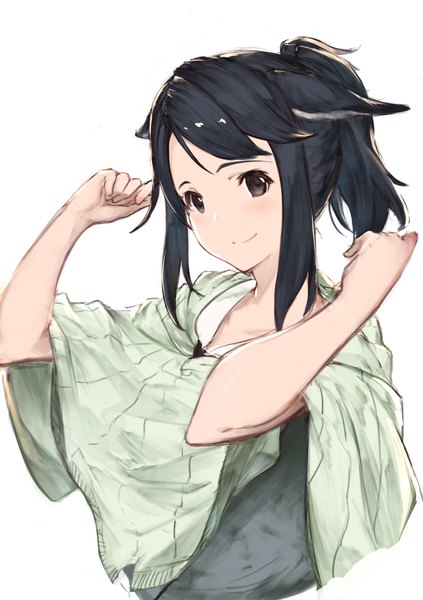 Anime picture 1000x1417 with original yashigaras single tall image looking at viewer blush short hair black hair simple background smile white background brown eyes animal ears upper body ponytail tail animal tail arms up fox ears fox tail