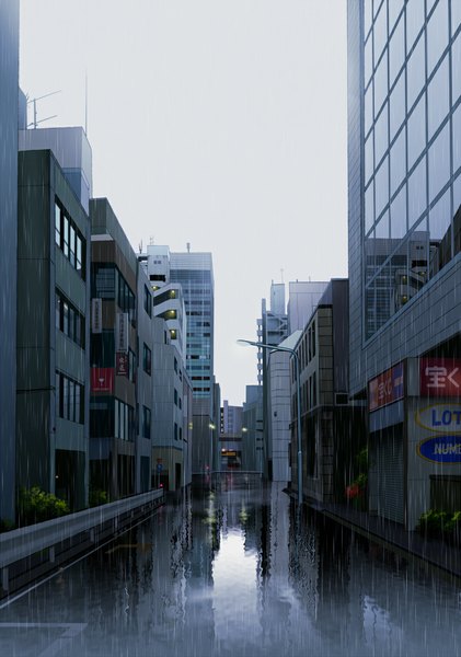 Anime picture 828x1180 with original mogumo tall image city reflection rain cityscape no people
