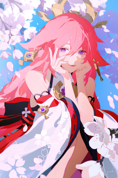 Anime picture 858x1300 with genshin impact yae miko yueko (jiayue wu) single long hair tall image looking at viewer fringe hair between eyes purple eyes signed animal ears pink hair fox ears cherry blossoms squat head rest girl detached sleeves earrings