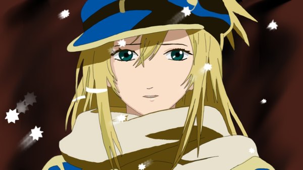 Anime picture 1135x636 with tegami bachi aria link oozora kumi single long hair looking at viewer fringe open mouth blonde hair hair between eyes wide image green eyes upper body brown background derivative work girl hat scarf