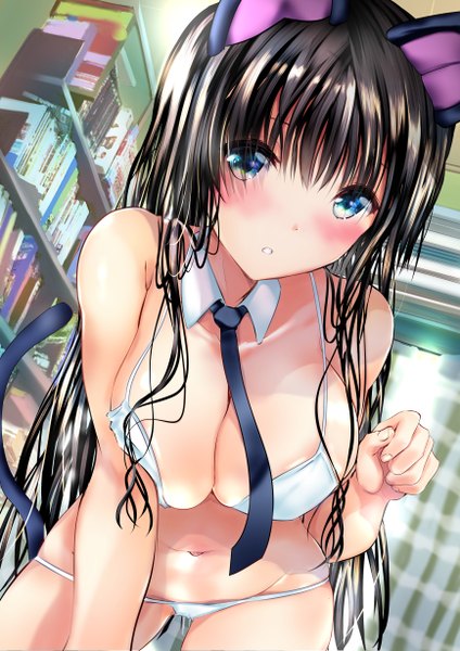 Anime picture 1736x2456 with original ogata tei single long hair tall image looking at viewer blush fringe highres breasts blue eyes light erotic black hair hair between eyes large breasts bare shoulders animal ears payot indoors tail