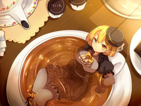 Anime picture 1024x768 with original matryoshka (borscht) tokitomi mime single looking at viewer short hair breasts blonde hair yellow eyes from above frown minigirl in container girl thighhighs dress black thighhighs hat pantyhose frills
