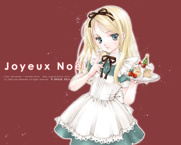 Anime picture 1280x1024 with alice in wonderland alice (wonderland) minakami kaori single long hair simple background blonde hair signed aqua eyes inscription brown background girl dress ribbon (ribbons) hair ribbon food sweets apron berry (berries) cake