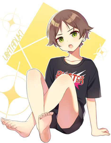 Anime picture 799x1024 with nico nico singer urashimasakatasen urata sal single tall image looking at viewer short hair open mouth brown hair sitting green eyes full body barefoot arm support character names crossed legs boy shorts t-shirt
