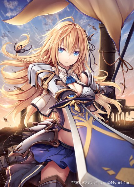 Anime picture 786x1100 with shinkai no valkyrie enosea akkijin single long hair tall image looking at viewer blush fringe breasts blue eyes light erotic blonde hair hair between eyes large breasts standing holding sky cleavage cloud (clouds)