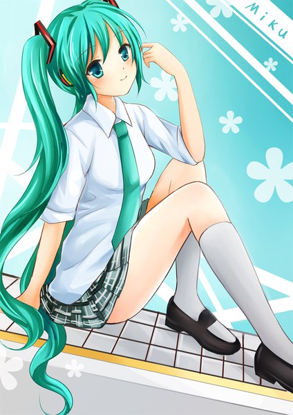 Anime picture 700x990 with vocaloid hatsune miku nikoo single long hair tall image looking at viewer blush fringe smile hair between eyes sitting twintails payot full body bent knee (knees) head tilt pleated skirt aqua eyes aqua hair