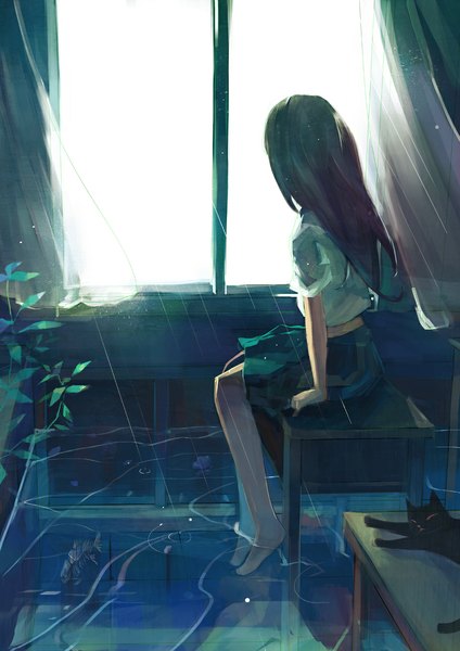 Anime picture 827x1169 with original pump single long hair tall image black hair sitting barefoot wind from behind back rain girl skirt plant (plants) animal shirt water window curtains