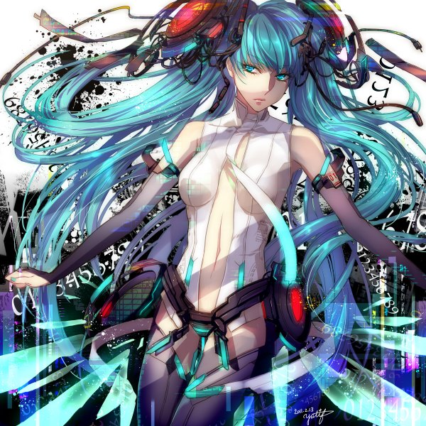 Anime picture 1200x1200 with vocaloid vocaloid append hatsune miku hatsune miku (append) yutif (artist) single long hair blue eyes twintails bare shoulders nail polish green hair girl gloves necktie elbow gloves fingerless gloves