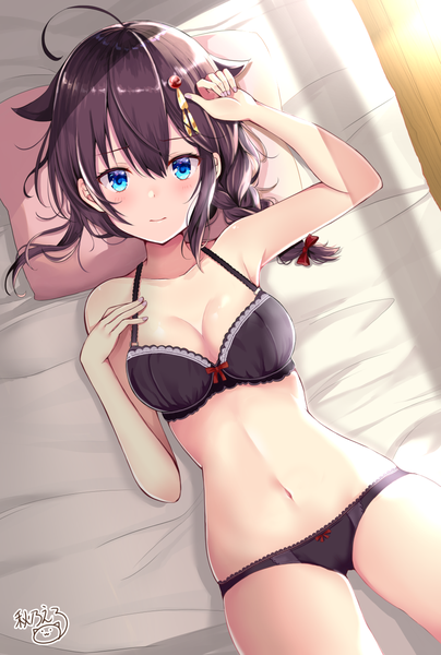 Anime picture 957x1422 with kantai collection shigure destroyer akino ell single long hair tall image looking at viewer blush fringe blue eyes light erotic hair between eyes brown hair signed payot cleavage ahoge lying braid (braids) light smile