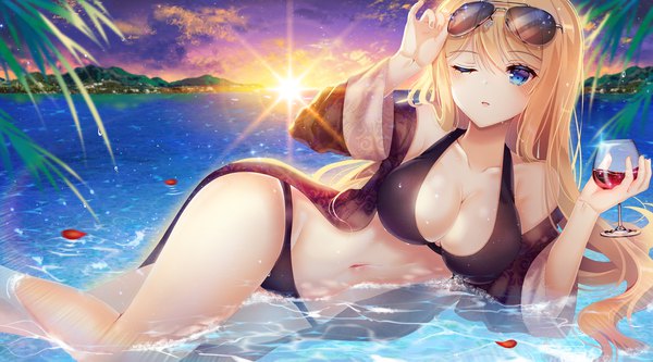 Anime picture 5500x3055 with original ecu8080 single long hair looking at viewer blush fringe highres breasts light erotic blonde hair hair between eyes wide image holding absurdres sky cleavage cloud (clouds) outdoors parted lips
