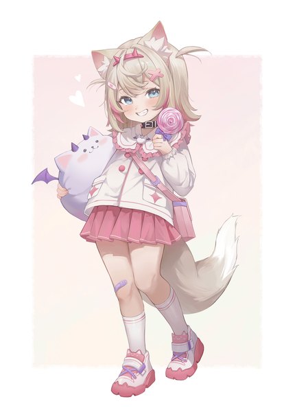 Anime picture 2870x4000 with virtual youtuber hololive hololive english mococo abyssgard perroccino (fuwamoco) midori xu single tall image looking at viewer blush fringe highres short hair blue eyes blonde hair smile hair between eyes animal ears pink hair full body