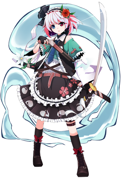 Anime picture 1500x2195 with touhou konpaku youmu myon satou (3366 s) single tall image looking at viewer short hair open mouth standing silver hair full body long sleeves hair flower open clothes wide sleeves short sleeves alternate costume heterochromia floral print