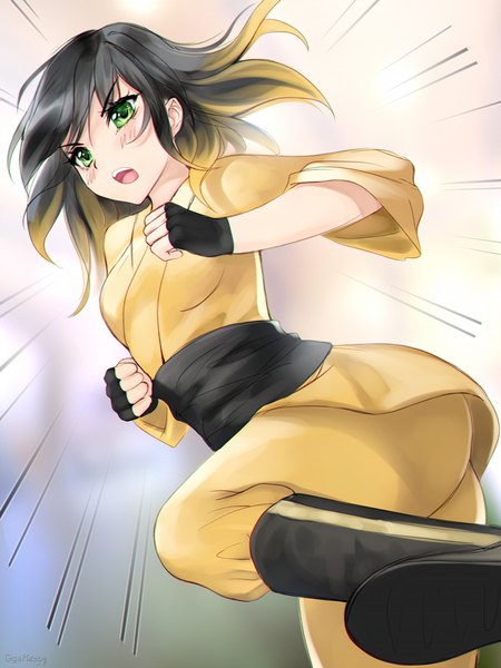 Anime picture 750x1000 with original gigamessy single long hair tall image looking at viewer blush fringe open mouth black hair simple background standing green eyes traditional clothes japanese clothes multicolored hair two-tone hair gradient background floating hair fighting stance