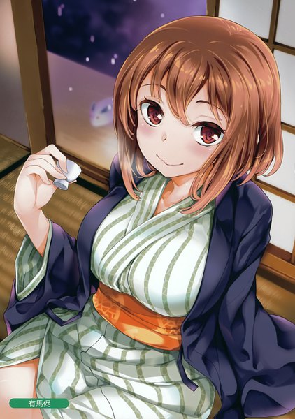 Anime picture 2463x3500 with melonbooks arima jin single tall image looking at viewer blush highres short hair smile red eyes brown hair sitting traditional clothes japanese clothes from above scan girl obi yukata sliding doors
