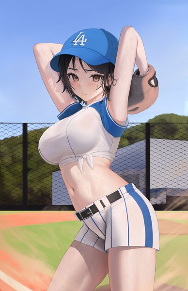 Anime picture 1908x2948 with original tokkihouse single tall image looking at viewer blush fringe highres short hair breasts light erotic black hair standing brown eyes sky outdoors mole arms up short sleeves midriff
