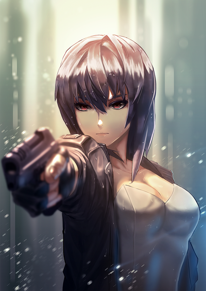 Anime picture 1357x1920 with ghost in the shell production i.g kusanagi motoko ctiahao single long hair tall image fringe breasts black hair hair between eyes red eyes holding looking away cleavage upper body wind blurry open jacket wet