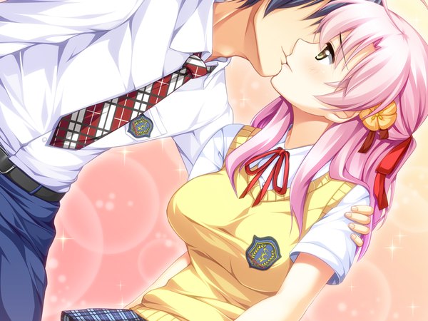 Anime picture 1024x768 with sekisaba! (game) long hair green eyes pink hair game cg kiss girl boy uniform school uniform