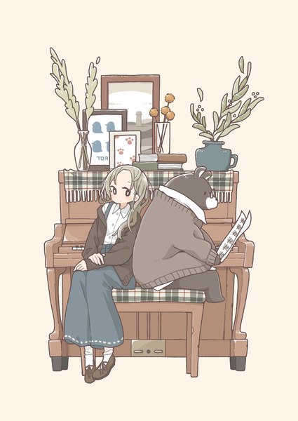 Anime picture 1451x2048 with original east sha2 single long hair tall image looking at viewer simple background long sleeves grey hair girl animal shoes pants musical instrument cardigan vase picture frame piano bear