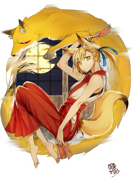 Anime picture 2894x4093 with original ganagoa single tall image fringe highres blonde hair hair between eyes holding signed animal ears yellow eyes full body bent knee (knees) tail traditional clothes head tilt japanese clothes animal tail barefoot