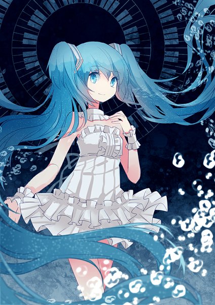 Anime picture 707x1000 with vocaloid hatsune miku cuivre single tall image looking at viewer blue eyes twintails blue hair very long hair light smile girl dress frills white dress wrist cuffs bubble (bubbles)