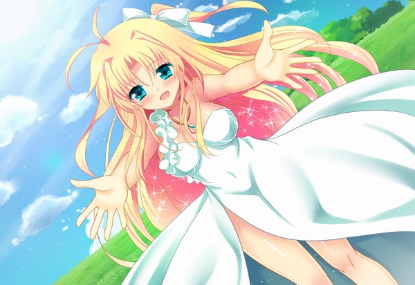 Anime picture 1370x942 with futsuno fantasy long hair blush blue eyes blonde hair game cg spread arms girl dress bow hair bow