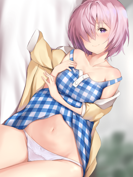 Anime picture 1890x2520 with fate (series) fate/grand order mash kyrielight maosame single tall image looking at viewer blush fringe highres short hair breasts light erotic smile purple eyes bare shoulders pink hair cleavage indoors lying