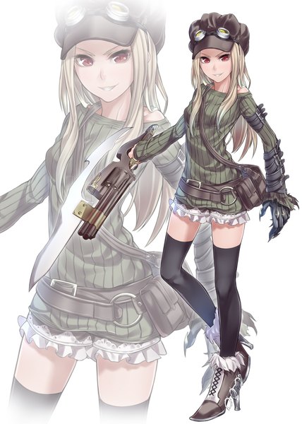 Anime picture 714x1000 with original ray-akila single long hair tall image looking at viewer blush blonde hair smile red eyes zoom layer girl dress weapon shoes gun goggles flat cap fanny pack
