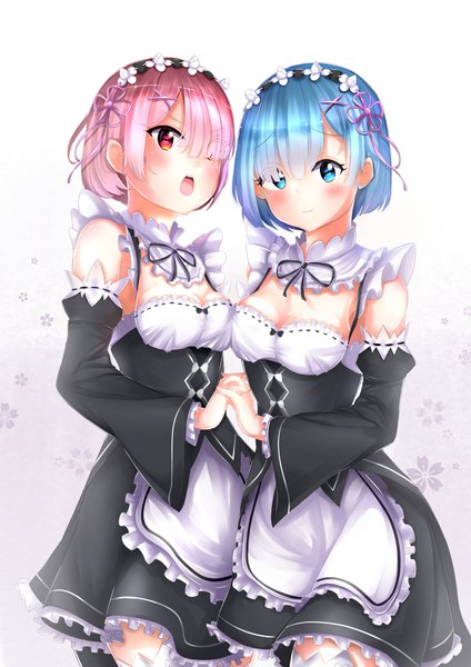 Anime picture 2480x3508 with re:zero kara hajimeru isekai seikatsu white fox rem (re:zero) ram (re:zero) holmemee tall image looking at viewer blush fringe highres short hair breasts open mouth blue eyes simple background red eyes standing white background bare shoulders multiple girls