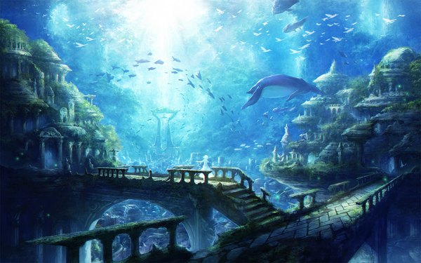 Anime picture 1920x1200 with original rel single highres wallpaper city underwater landscape scenic ruins girl dress animal bird (birds) building (buildings) fish (fishes) fence bridge statue
