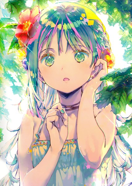 Anime picture 2565x3600 with original dsmile single long hair tall image fringe highres open mouth green eyes looking away upper body nail polish hair flower green hair sunlight scan :o sparkle sleeveless adjusting hair