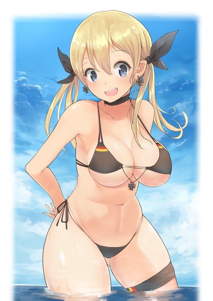 Anime picture 708x1000 with kantai collection prinz eugen (kantai collection) yuzuruka (bougainvillea) single long hair tall image looking at viewer blush fringe breasts open mouth blue eyes light erotic blonde hair smile hair between eyes large breasts standing twintails bare shoulders
