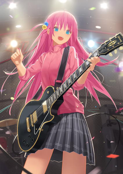 Anime picture 1634x2311 with bocchi the rock! cloverworks gibson gotou hitori tr (hareru) single long hair tall image open mouth blue eyes looking away pink hair :d one side up girl musical instrument guitar electric guitar
