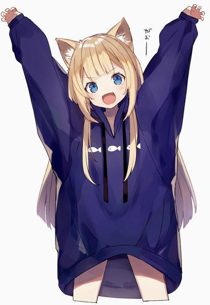 Anime picture 750x1088 with original shugao single long hair tall image looking at viewer blush fringe open mouth blue eyes simple background blonde hair smile white background animal ears blunt bangs long sleeves head tilt :d cat ears