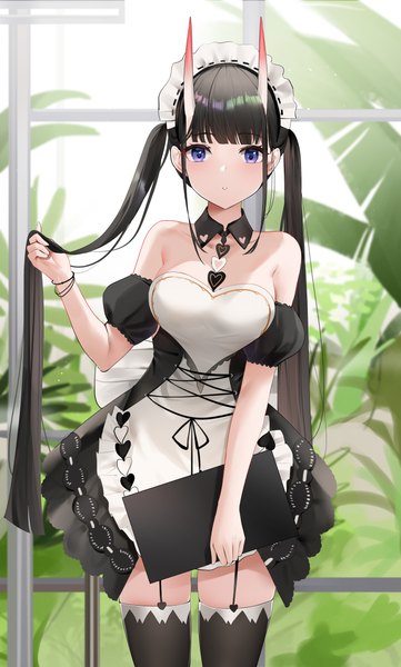Anime picture 2936x4881 with azur lane noshiro (azur lane) noshiro (hold the ice) (azur lane) qing wu single long hair tall image looking at viewer fringe highres breasts black hair standing purple eyes twintails bare shoulders payot blunt bangs arm up horn (horns)