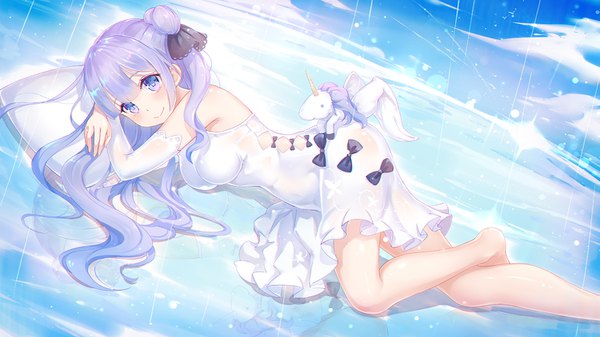 Anime picture 1500x844 with azur lane unicorn (azur lane) asanogawa (tutufcc) single long hair looking at viewer blush fringe breasts light erotic smile hair between eyes wide image large breasts purple eyes bare shoulders payot sky purple hair cloud (clouds)