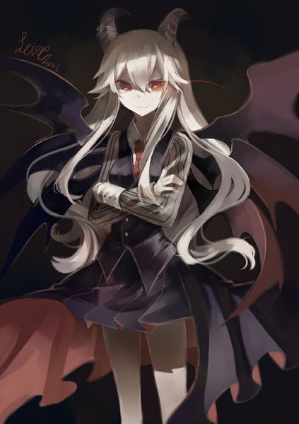 Anime picture 705x1000 with haiiro teien reficul machi (7769) single long hair tall image looking at viewer fringe red eyes standing signed looking away white hair pleated skirt horn (horns) glowing wavy hair crossed arms glowing eye (eyes) black wings
