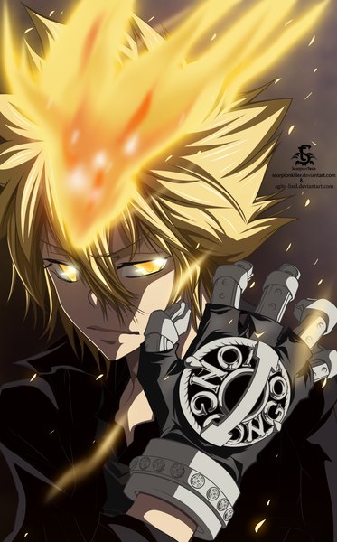 Anime picture 1000x1607 with katekyou hitman reborn vongola primo giotto aagito single tall image short hair blonde hair yellow eyes light smile coloring magic glowing face glowing eye (eyes) boy gloves cloak