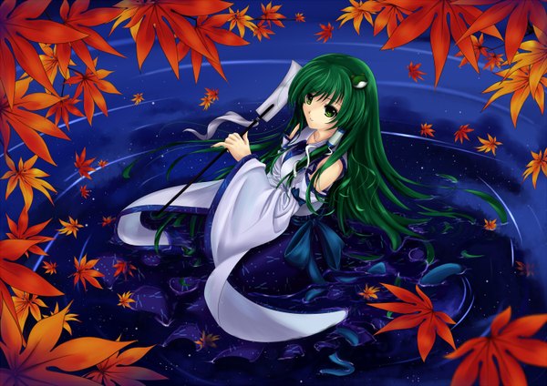 Anime picture 1500x1060 with touhou kochiya sanae cloudy.r single long hair bare shoulders green eyes green hair miko girl detached sleeves water leaf (leaves)