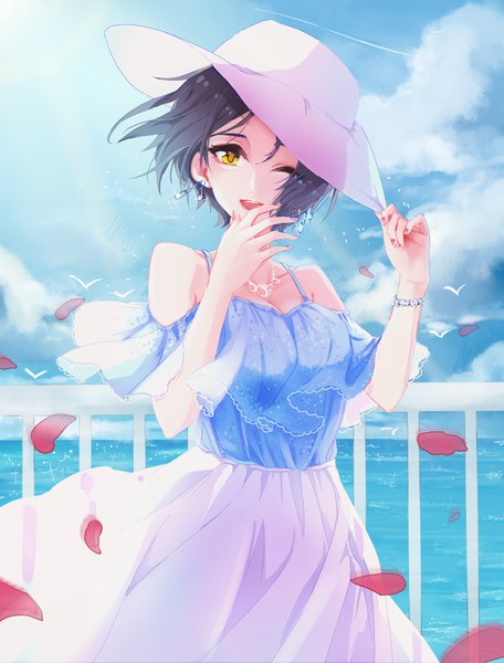 Anime picture 1200x1577 with idolmaster idolmaster cinderella girls hayami kanade magako single tall image looking at viewer short hair open mouth black hair smile bare shoulders yellow eyes sky cloud (clouds) nail polish one eye closed fingernails wind wink