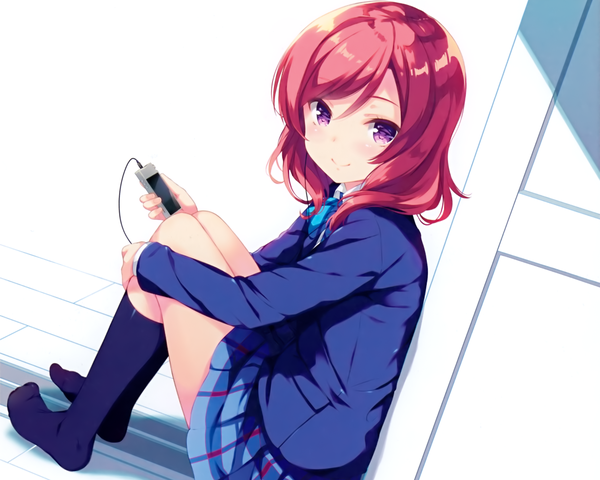 Anime picture 2026x1621 with love live! school idol project sunrise (studio) love live! nishikino maki ohara tometa single blush highres short hair simple background smile white background sitting purple eyes bent knee (knees) red hair pleated skirt girl skirt uniform