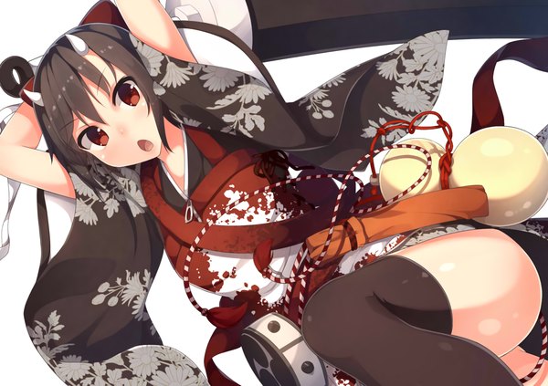Anime picture 1240x876 with original samegami single looking at viewer blush fringe short hair open mouth light erotic simple background red eyes brown hair white background traditional clothes japanese clothes horn (horns) wide sleeves oni horns girl thighhighs