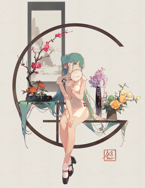Anime picture 1000x1298 with vocaloid hatsune miku shaohua hatsune miku ask (askzy) single tall image looking at viewer fringe simple background sitting holding full body very long hair nail polish traditional clothes hair flower aqua eyes aqua hair high heels chinese clothes