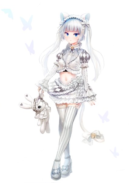 Anime picture 964x1363 with miss monochrome miss monochrome (character) nanase miri single long hair tall image blue eyes simple background white background twintails animal ears white hair tail animal tail cat ears cat girl cat tail girl thighhighs dress