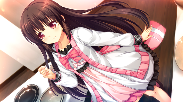 Anime picture 1280x720 with dekinai watashi ga, kurikaesu. akabei soft3 single long hair looking at viewer blush black hair red eyes wide image game cg girl dress bow