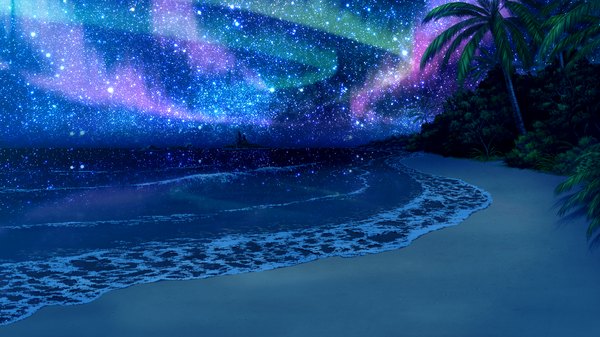 Anime picture 2048x1152 with guardian place skyfish (studio) highres wide image game cg no people landscape aurora borealis plant (plants) tree (trees) water sea star (stars)