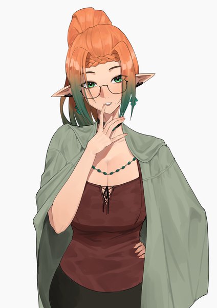 Anime picture 2892x4096 with original eungi single long hair tall image looking at viewer highres simple background green eyes cleavage ponytail braid (braids) parted lips head tilt green hair pointy ears orange hair grey background mole hand on hip