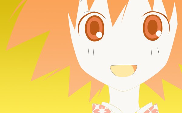 Anime picture 1920x1200 with sayonara zetsubou sensei shaft (studio) sekiutsu tarou single looking at viewer highres short hair open mouth smile wide image :d orange hair orange eyes close-up vector yellow background multicolored flat color girl